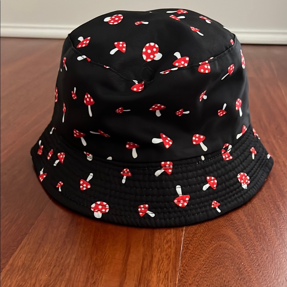 Black Bucket Hat with Red Mushroom Print